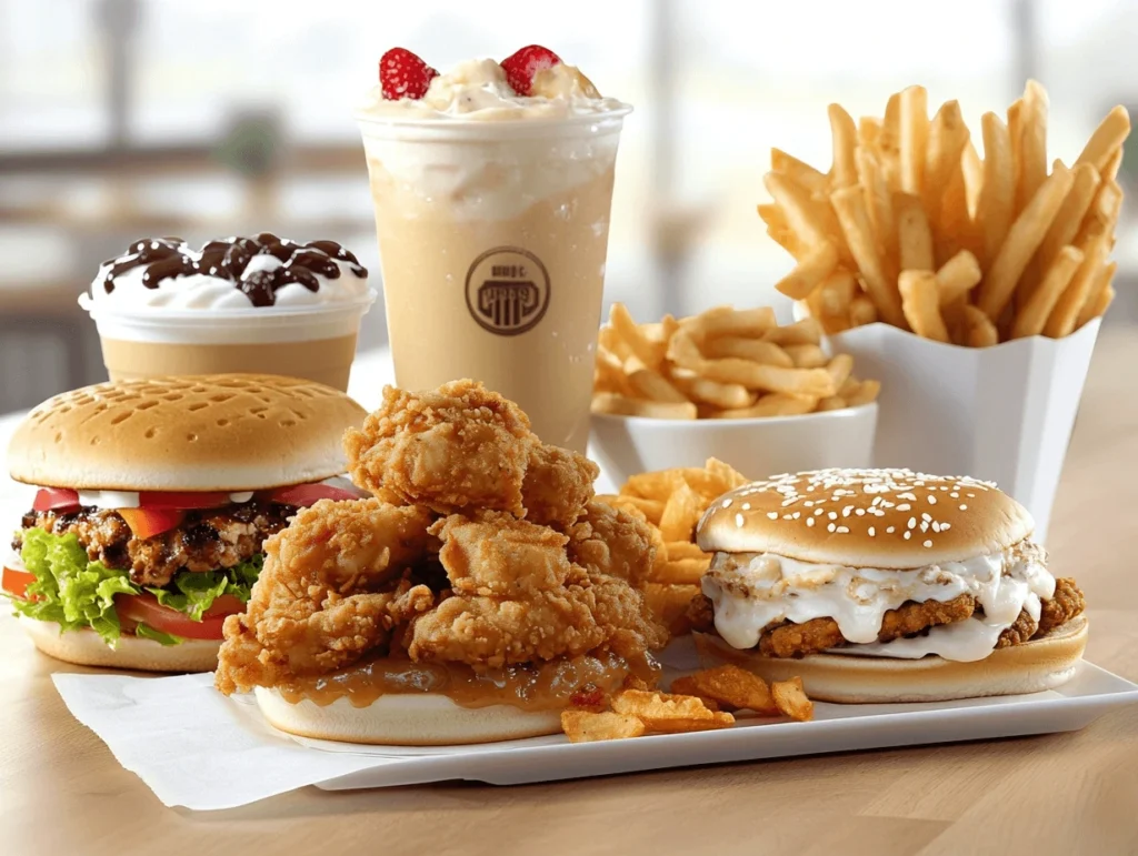 Chick-fil-A meal variety including sandwiches, nuggets, fries, and milkshakes