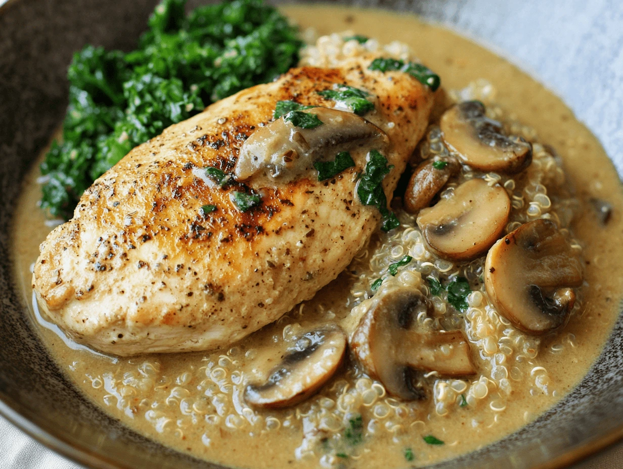 Grilled chicken breast served with creamy mushroom sauce, quinoa, and sautéed greens