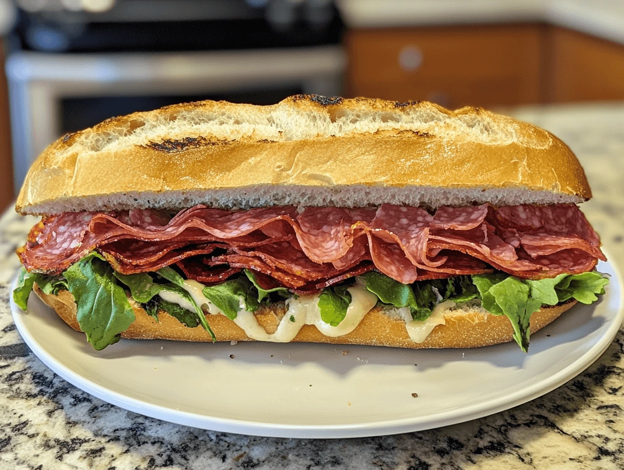 Loaded salami and ham sandwich with arugula and creamy dressing on crusty bread