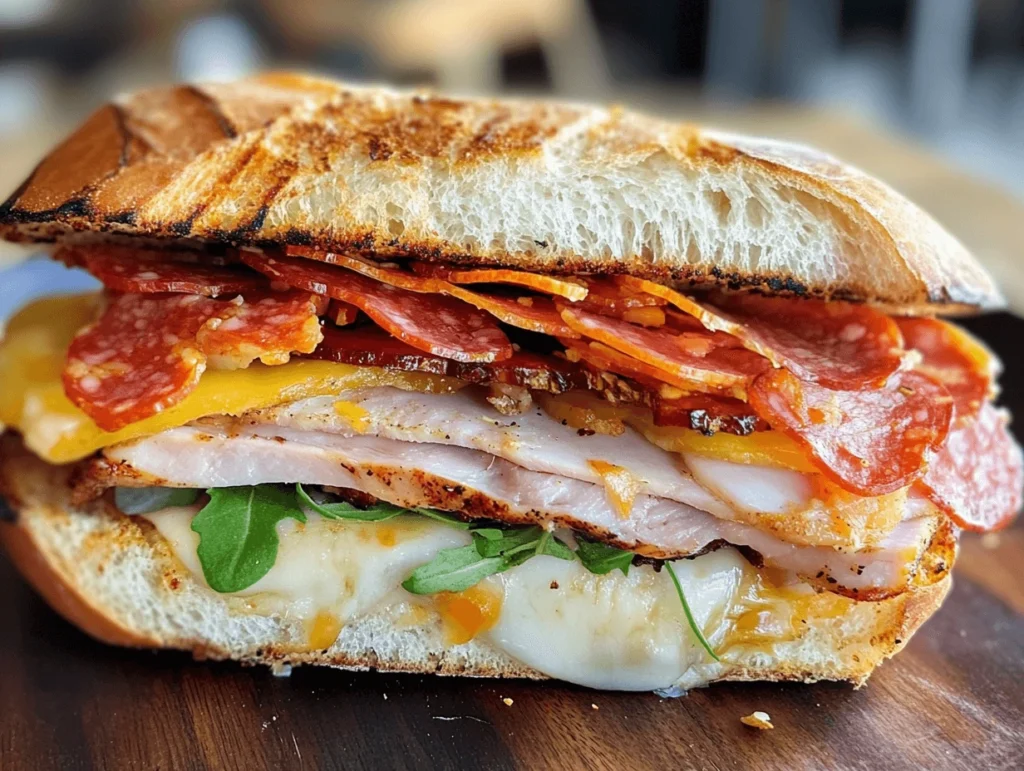Grilled ham, turkey, and salami sandwich with melted cheese and fresh arugula on ciabatta bread
