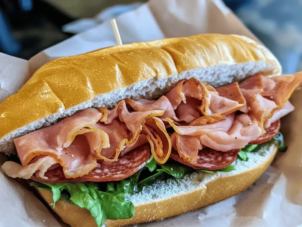 Fresh ham and salami sandwich with crisp lettuce on a soft golden roll