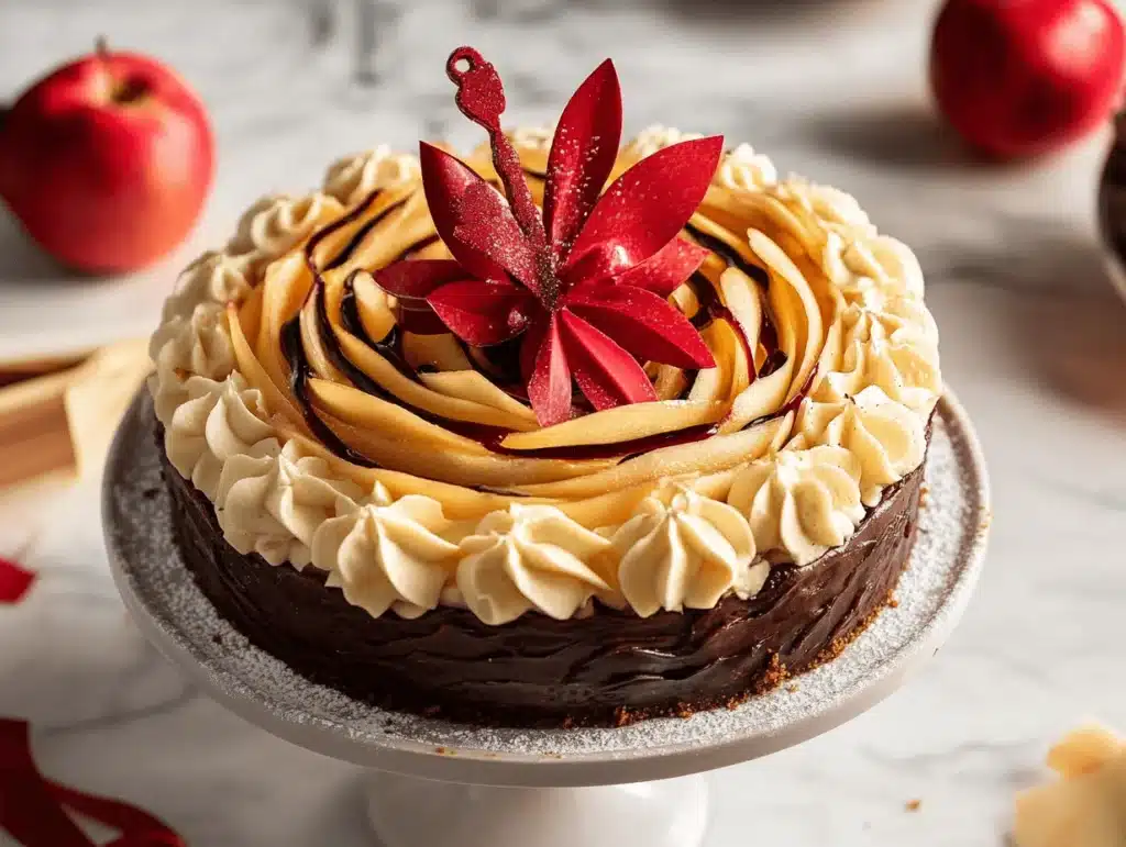 A chocolate and apple-layered pie topped with golden apple slices, whipped cream swirls, and a red flower centerpiece.