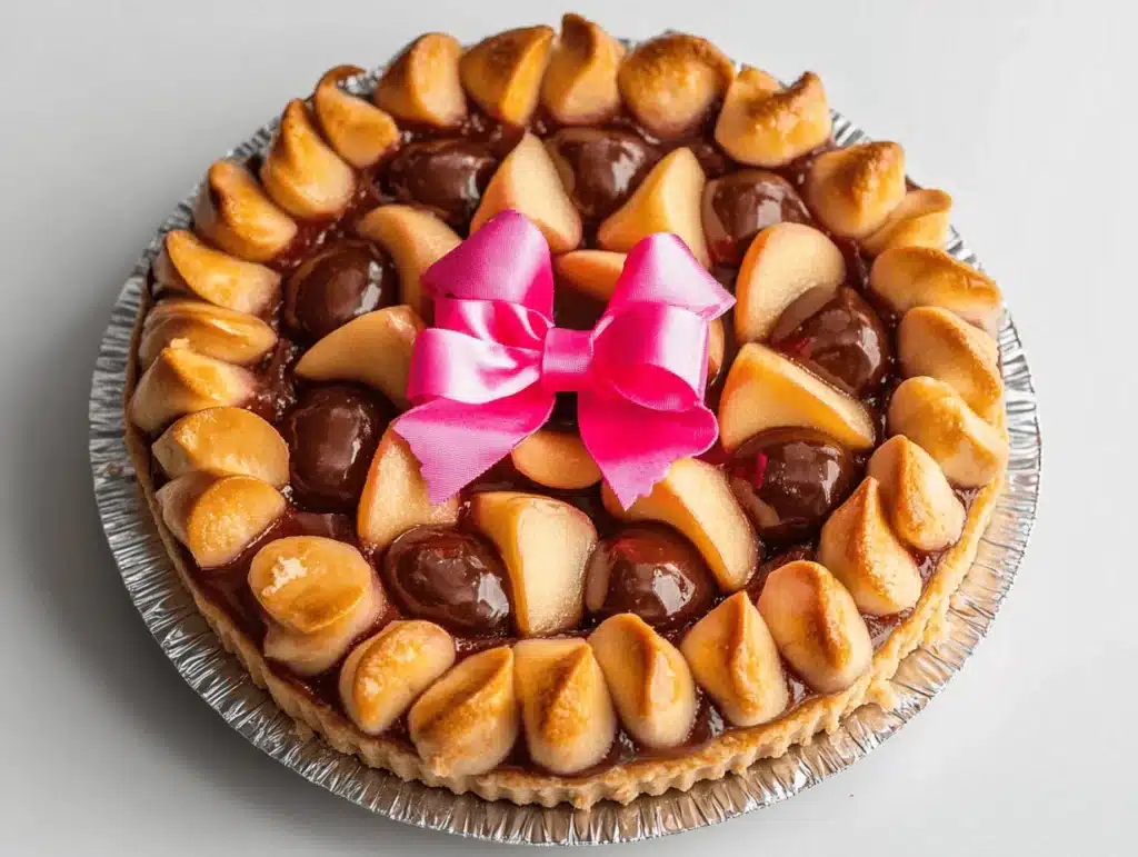 A pie topped with caramelized apples, chocolate spheres, and a pink bow centerpiece in a foil tray.