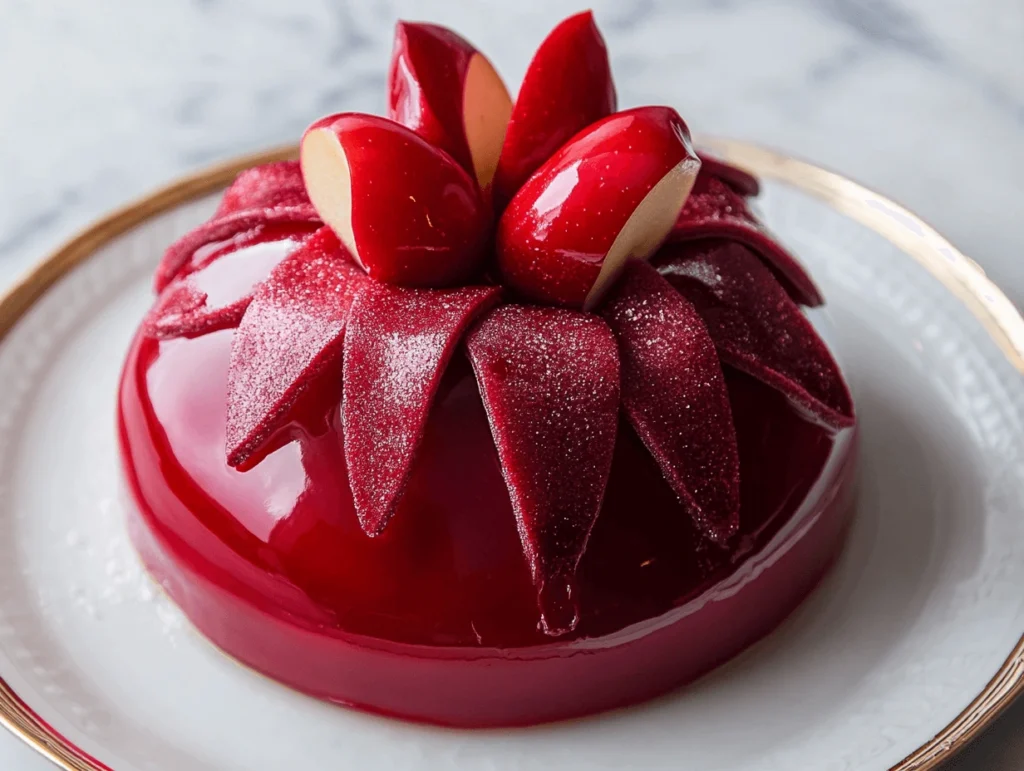 A glossy red dessert with a vibrant flower-shaped decoration made of sliced apples, sitting elegantly on a white plate