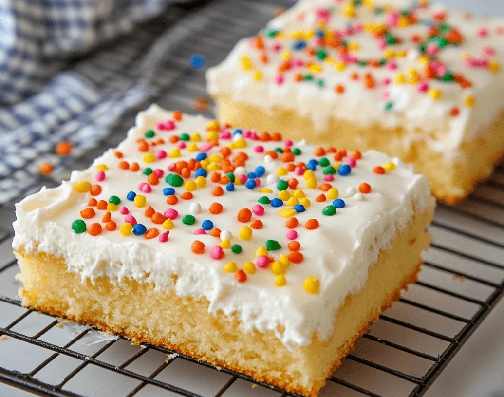 Vanilla kefir sheet cake with white frosting and colorful sprinkles on a cooling rack