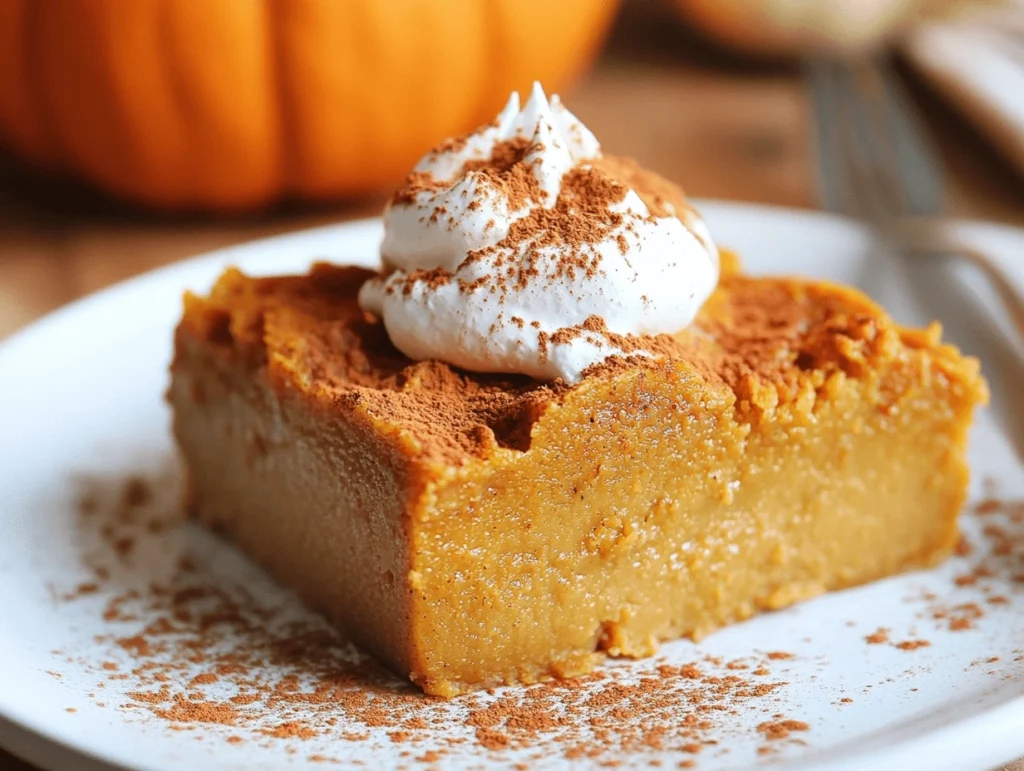 A slice of egg-free pumpkin pie topped with whipped cream and sprinkled with cinnamon