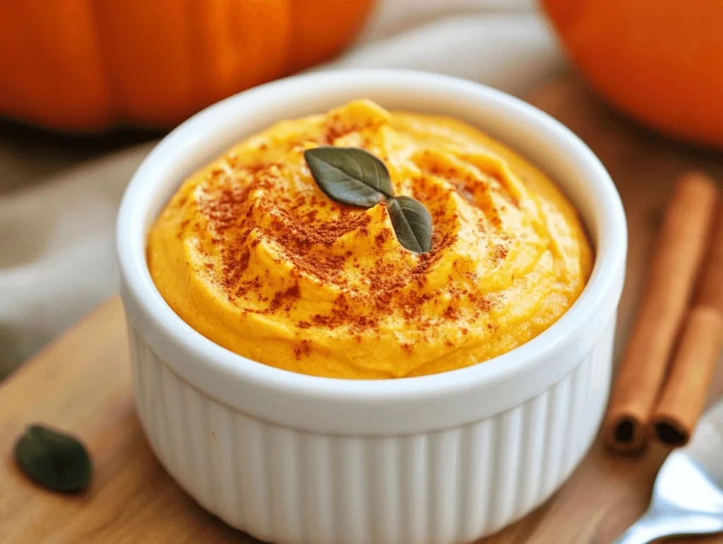 A creamy egg-free pumpkin mousse garnished with cinnamon and fresh basil leaves in a white ramekin