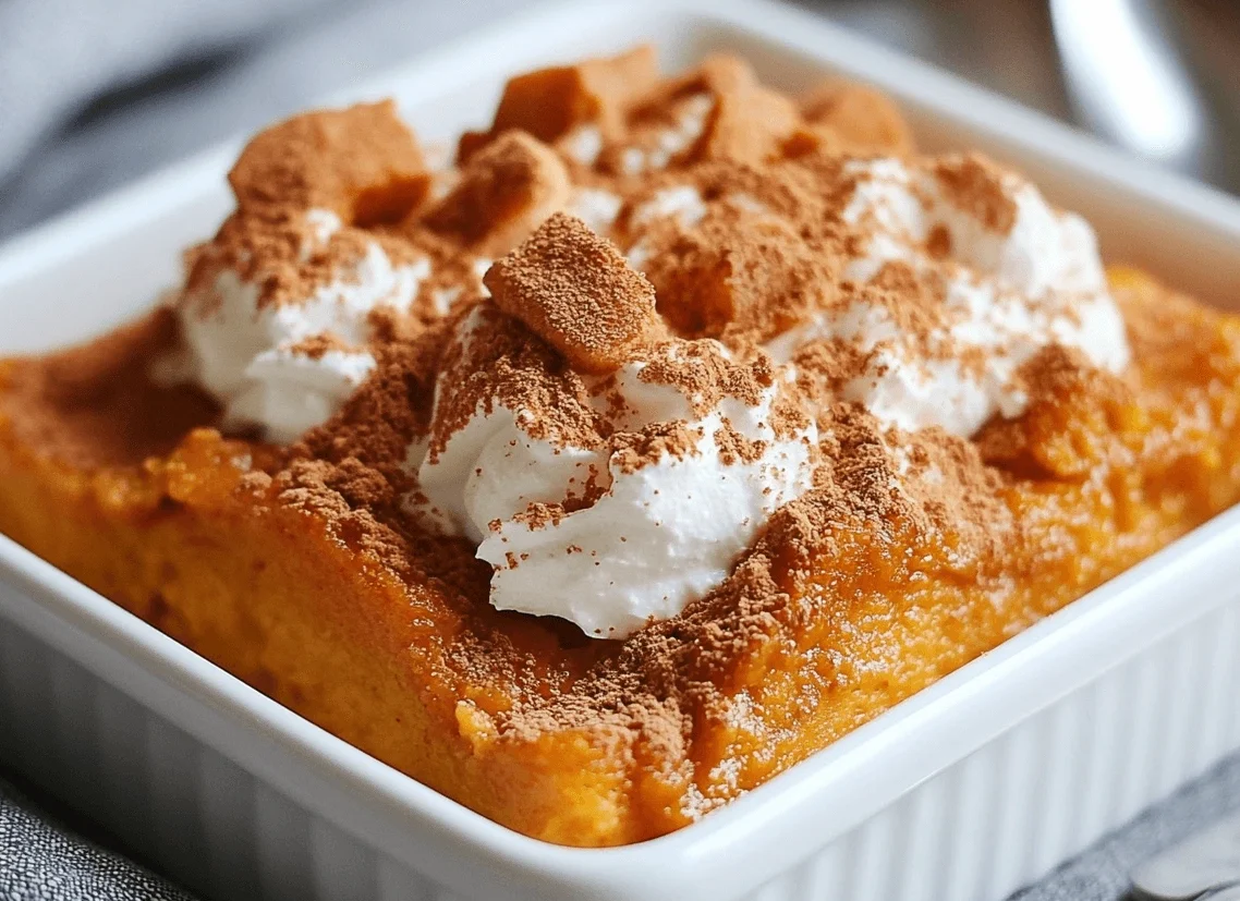 Egg-free pumpkin pudding topped with whipped cream and a generous sprinkle of cinnamon in a white square dish.