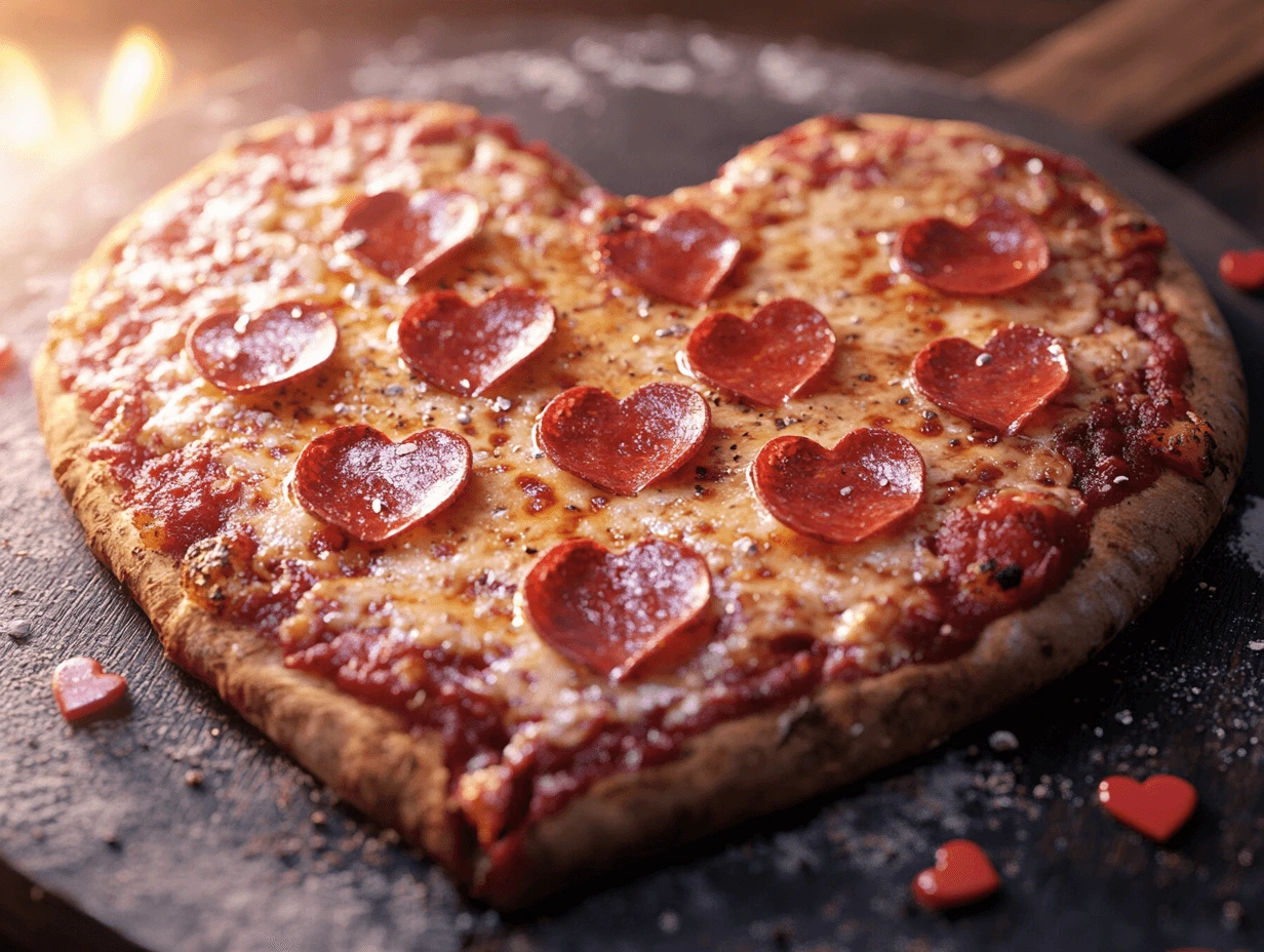 A heart-shaped pizza with heart-shaped pepperoni slices on a black stone surface