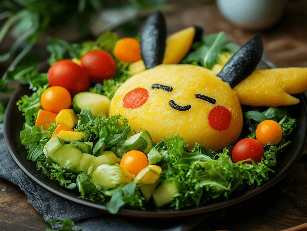 Pikachu face made of yellow polenta surrounded by cherry tomatoes, greens, and colorful vegetables in a salad