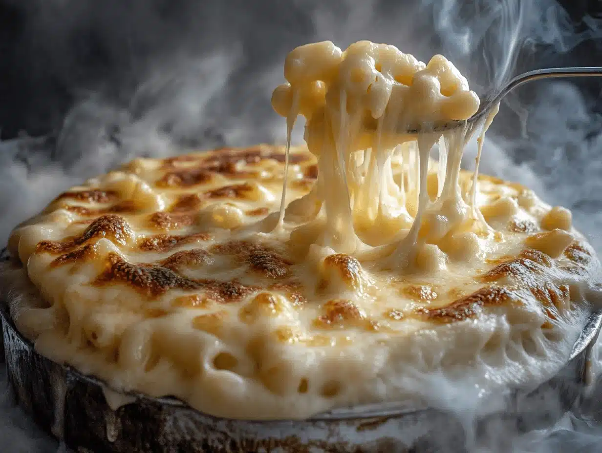 Gooey smoked mac and cheese being served with melted cheese strands