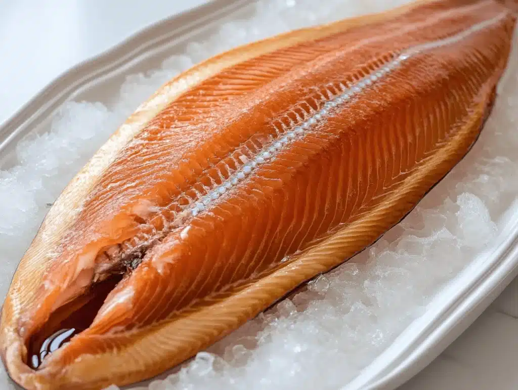 Smoked salmon fillet displayed on a bed of ice on a white platter