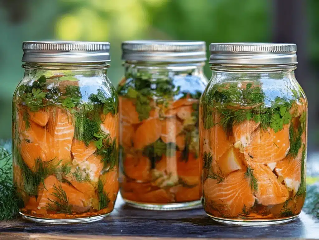 Glass jars filled with smoked salmon chunks, fresh dill, and parsley on a wooden table