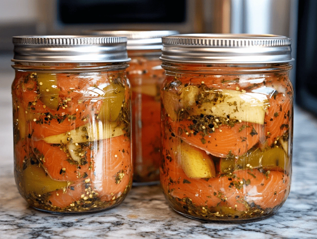 Mason jars filled with smoked salmon chunks, olive slices, and spices on a marble countertop.