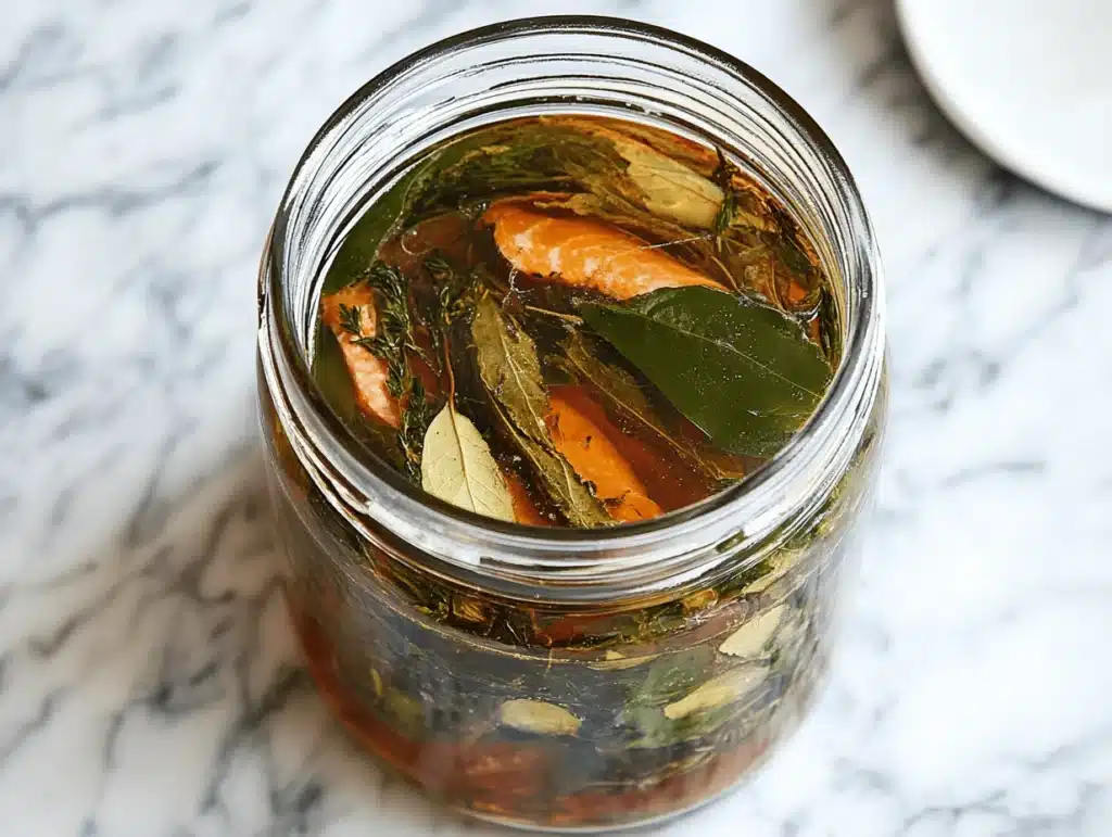 Glass jar containing smoked salmon, bay leaves, and fresh herbs in brine, placed on a marble surface