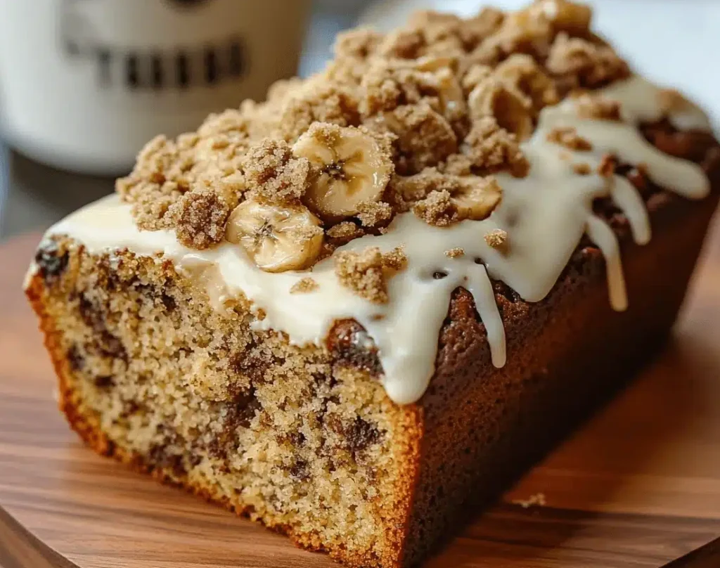 A slice of banana bread with white icing, banana slices, and crumble topping, served with a cup of coffee
