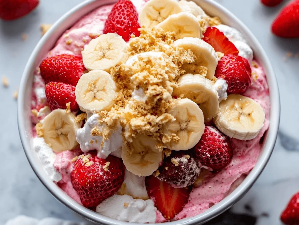 Strawberry banana cheesecake salad topped with graham cracker crumbs in a white bowl