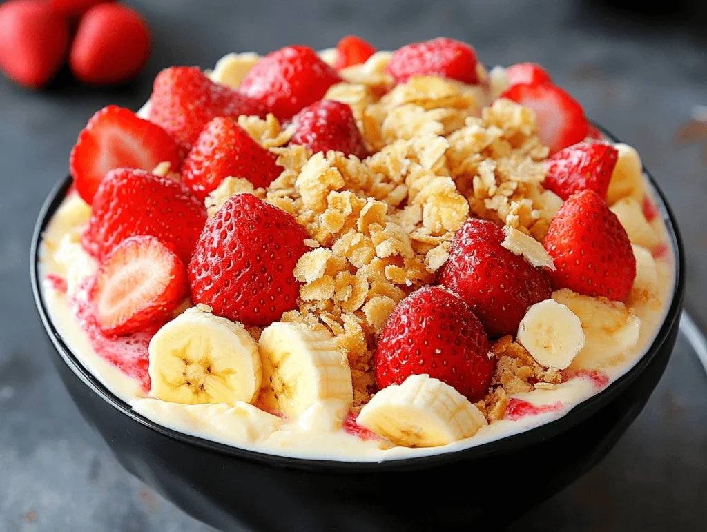 Strawberry banana cheesecake salad in a black bowl garnished with fresh fruit and crushed graham crackers