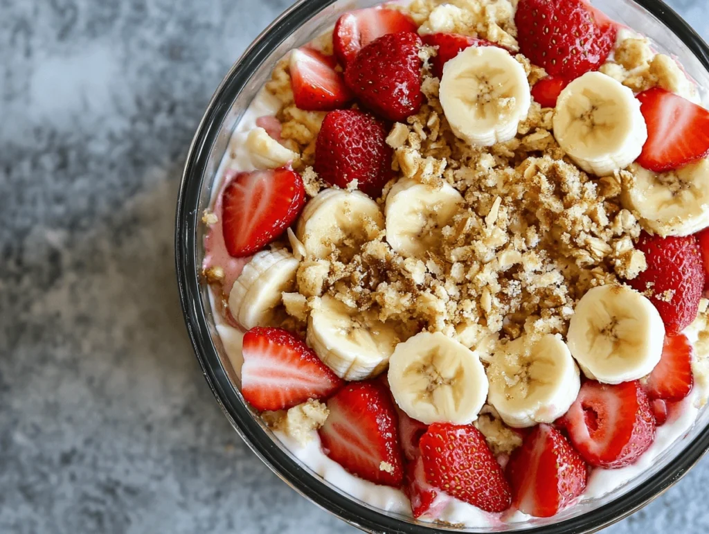 Layered strawberry banana cheesecake salad with graham crackers and fresh fruit in a glass bowl.