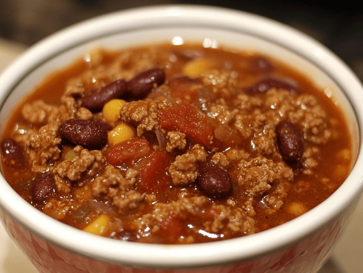 A close up of a bowl of taco soupe with ground beef, kidney beans, corn, and diced tomatoes in a thick broth.