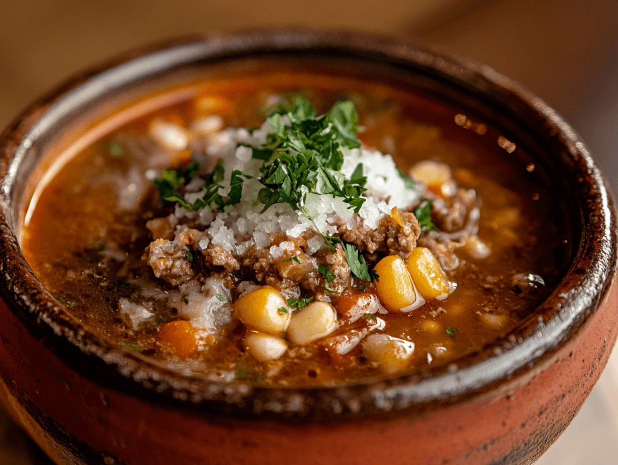Taco soup served in a clay bowl with corn, beans, and ground beef, topped with cheese and fresh cilantro