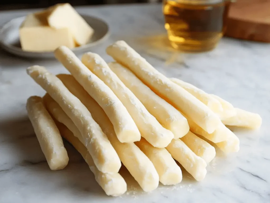 Uncooked tequeño dough sticks arranged on a marble surface.