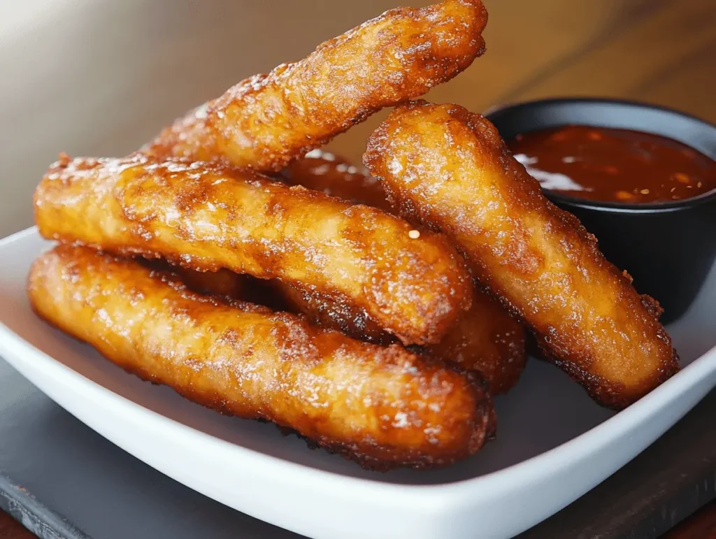 Crispy, golden-brown tequeños served with a bowl of dipping sauce.