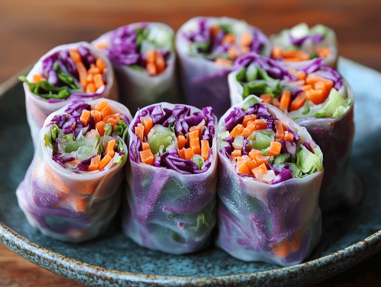 Fresh rice paper veggie rolls filled with purple cabbage, carrots, and lettuce, arranged on a dark plate.
