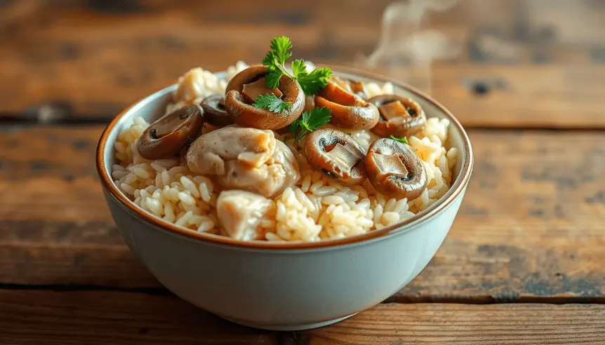 A bowl of steaming rice topped with sautéed mushrooms, chicken pieces, and garnished with fresh parsley on a rustic wooden table