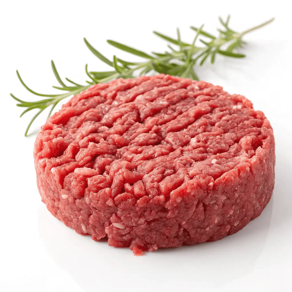 Close-up of a raw steak haché patty garnished with rosemary on a white background.