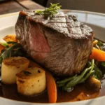 A gourmet plate of grilled beef steak served with roasted vegetables and a rich brown sauce, garnished with fresh herbs in a well-lit dining setting