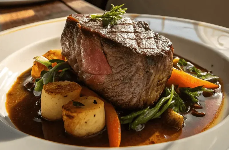 A gourmet plate of grilled beef steak served with roasted vegetables and a rich brown sauce, garnished with fresh herbs in a well-lit dining setting