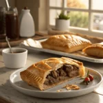 Greggs Steak Bake served on a plate with gravy and garnishing.