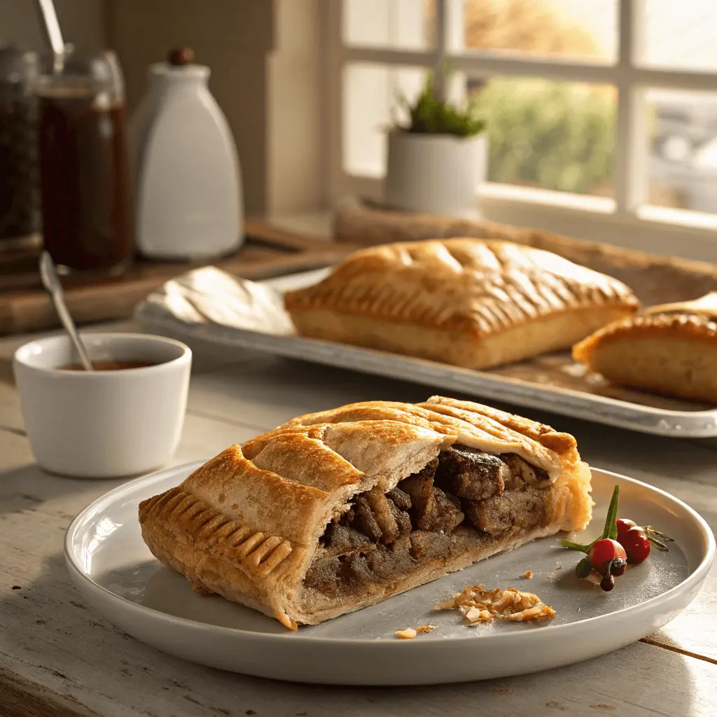 Greggs Steak Bake served on a plate with gravy and garnishing.