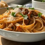 A bowl of linguine pasta topped with a rich tomato-based sauce, garnished with fresh parsley and grated Parmesan cheese, placed near a sunny window with bread slices in the background