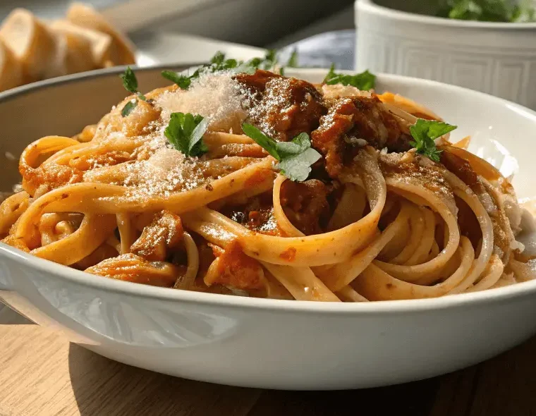 A bowl of linguine pasta topped with a rich tomato-based sauce, garnished with fresh parsley and grated Parmesan cheese, placed near a sunny window with bread slices in the background