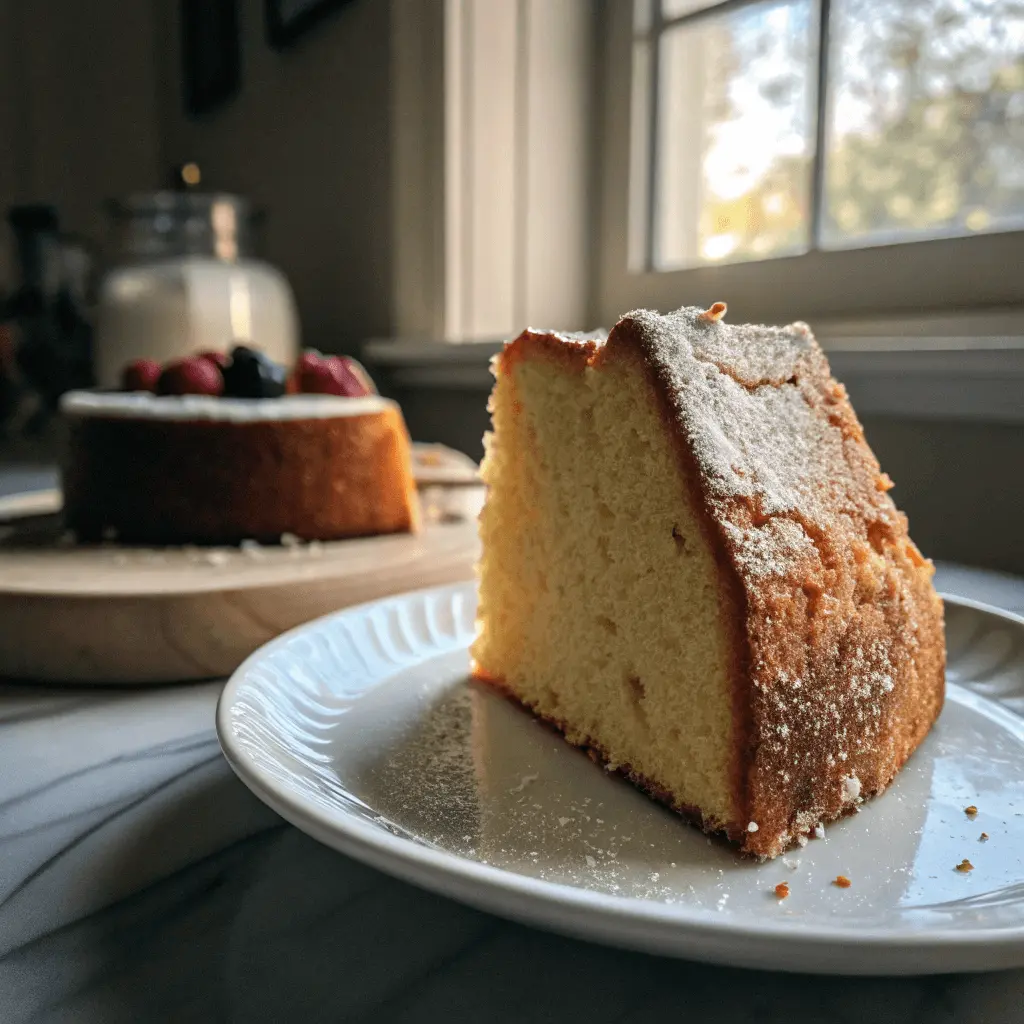 A slice of golden pound cake dusted with powdered sugar on a white plate, with the whole cake in the background.