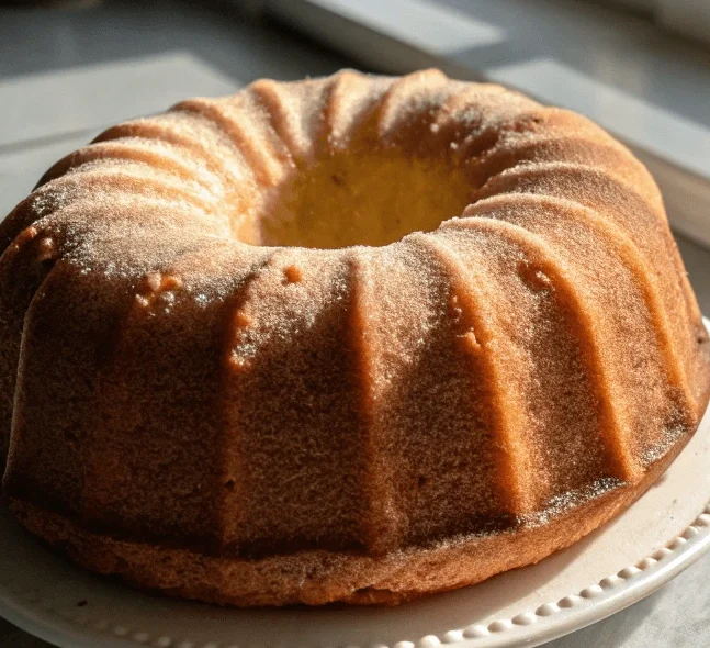 A freshly baked golden-brown bundt cake dusted with powdered sugar, sitting on a white plate by a sunlit window.