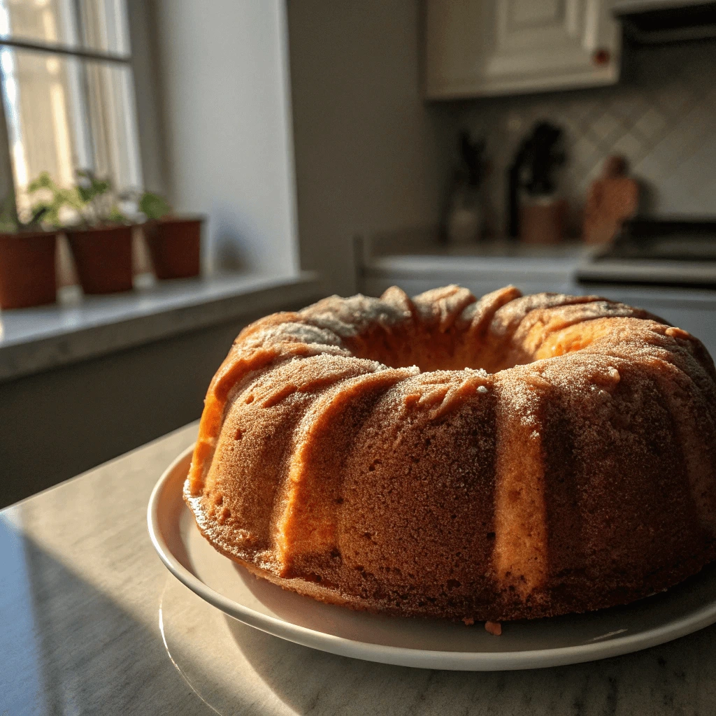 A golden-brown bundt cake dusted with powdered sugar, placed on a white plate in a sunlit kitchen.