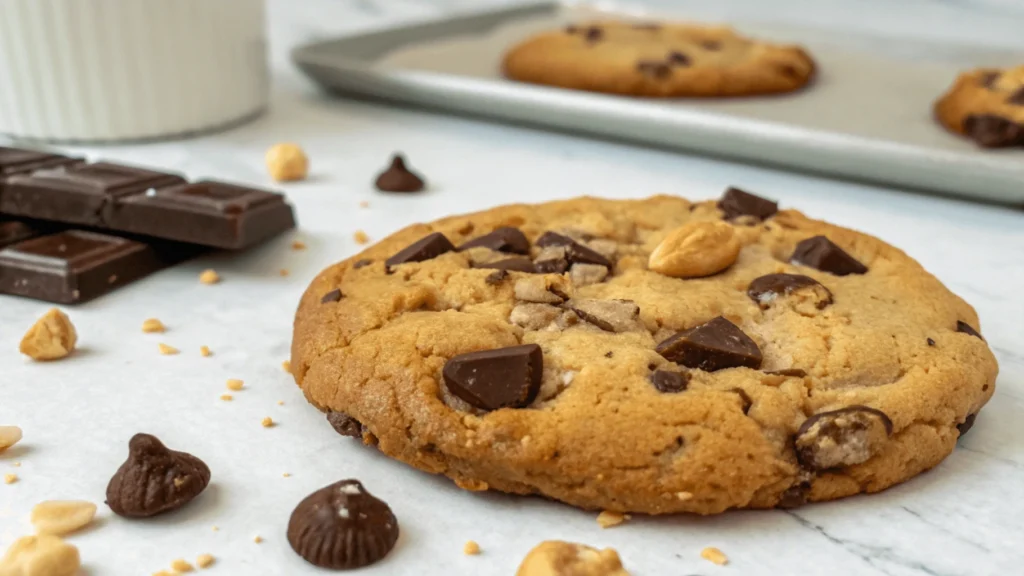 Chocolate chip cookie with peanuts and chocolate chunks on parchment paper, surrounded by baking ingredients