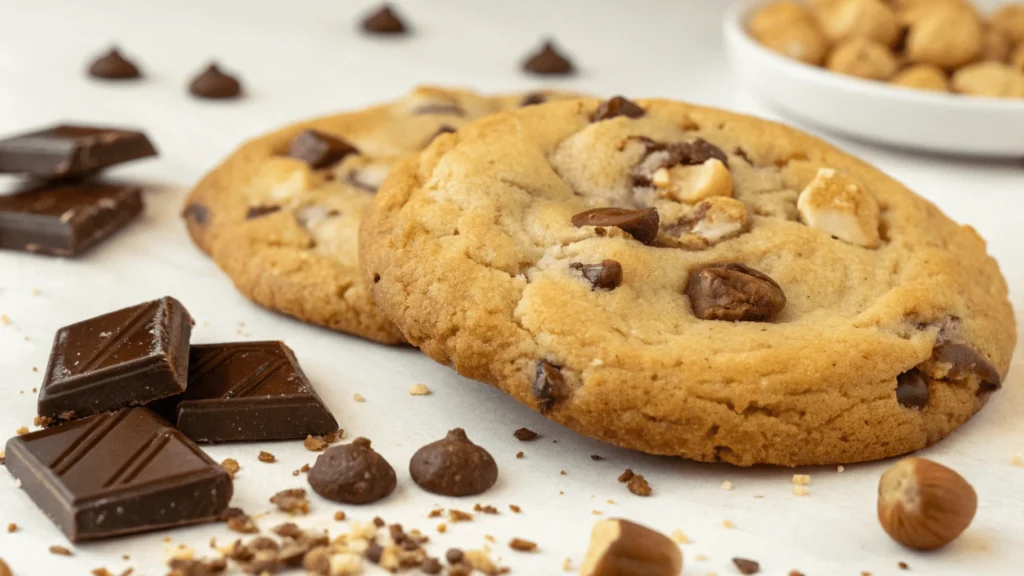 chocolate chip cookies with chunks of hazelnuts and chocolate pieces on a white surface.