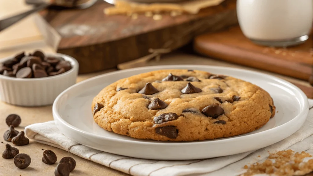 Classic chocolate chip cookie on a white plate surrounded by chocolate chips