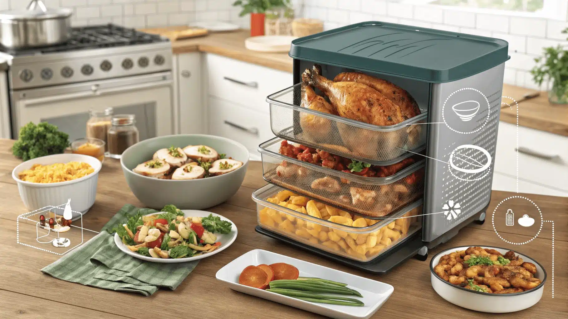 Rotisserie chicken and various dishes displayed with an organized food storage system