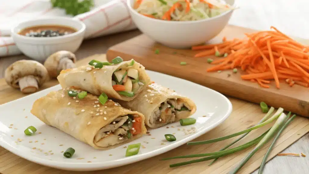 Crispy veggie egg rolls garnished with sesame seeds and green onions, served on a white plate with dipping sauce and fresh vegetables in the background.