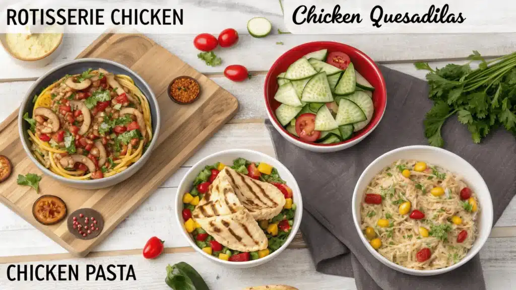 A variety of meals made with rotisserie chicken, including quesadillas, pasta, and salad