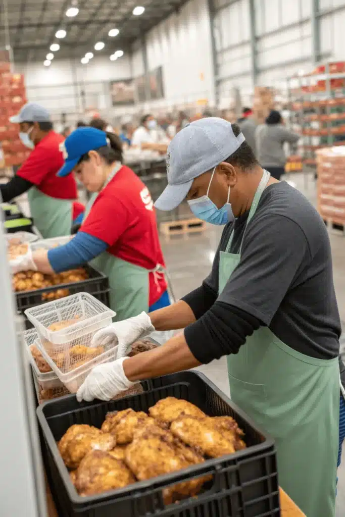 Costco workers repurposing rotisserie chickens in a food preparation area