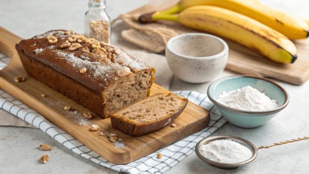 Banana bread loaf with nuts and flour ingredients on a wooden board