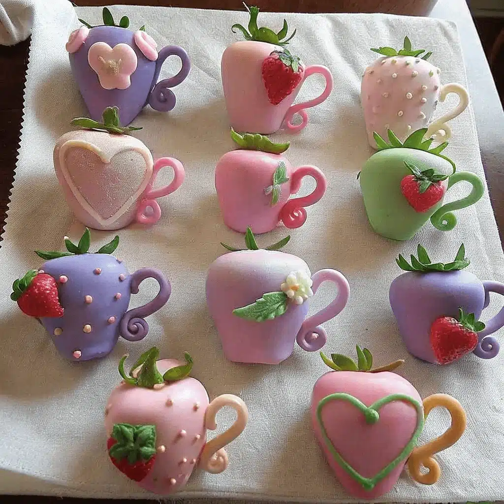 Chocolate-covered strawberries in teacup-shaped designs, decorated with pastel-colored chocolate and elegant details.