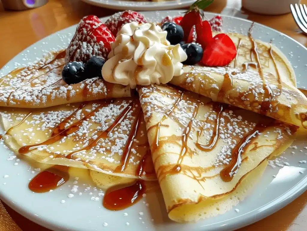 A plate of folded crêpes drizzled with caramel sauce, dusted with powdered sugar, and topped with whipped cream, strawberries, and blueberries.