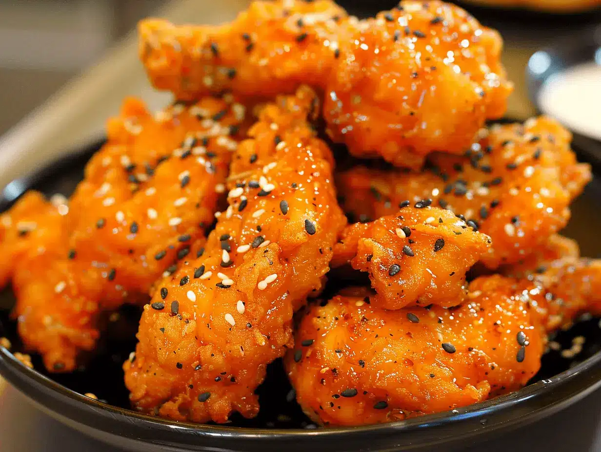 Spicy glazed fried chicken garnished with black and white sesame seeds.